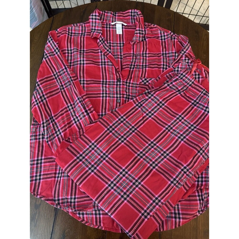 Victoria's Secret Plaid PJ Pajama Set Size XLarge Red Pink Drawstring Button up